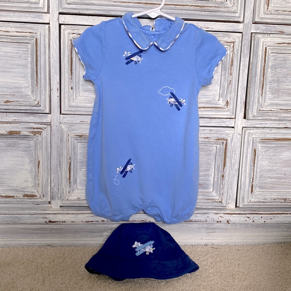 Janie and Jack baby airplane romper with hat - blue, size 6-12 months